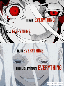 a collage of two anime characters with the words kill everything ruin everything and i inflict pain on everything