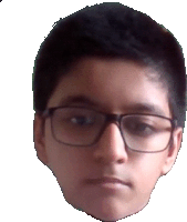 a young boy wearing glasses looks at the camera on a white background