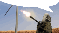 a computer generated image of a military weapon with a speech bubble behind it