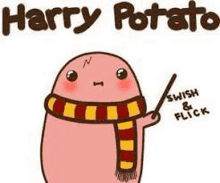 a potato wearing a scarf and holding a wand .