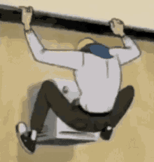 a cartoon of a man climbing up a wall with his hands on a railing .