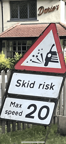 a road sign that says skid risk max speed 20