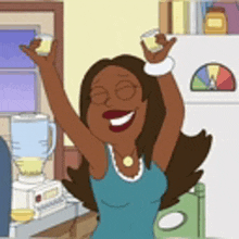 a cartoon woman is holding two cups in her hands and smiling in a kitchen .