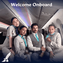 a group of people sitting on an airplane with the words welcome onboard behind them