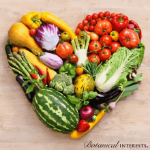 a heart made out of fruits and vegetables with botanical interests written below it