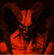 a painting of a devil with red eyes and horns