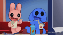 two cartoon characters are sitting at a table with gifrun.com written on the bottom right