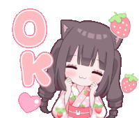 a girl with a cat ear is wearing a kimono with strawberries on it and says ok