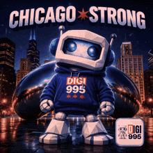 a poster for chicago strong with a robot wearing a sweatshirt that says digi 995