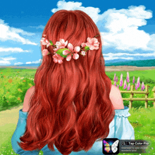 a girl with red hair is wearing a flower crown in her hair