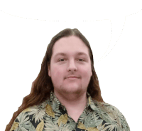 a man with long hair and a beard wears a hawaiian shirt