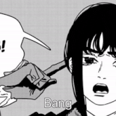 a black and white drawing of a girl with bang written on the bottom