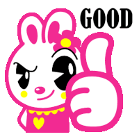 a pink bunny giving a thumbs up with the word good below