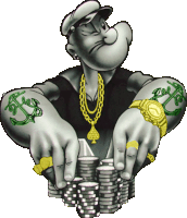 popeye is holding a pile of poker chips