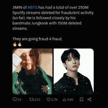 a twitter post about jimin of #bts has had a total of over 250m spotify streams deleted for fraudulent activity