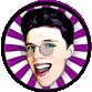 a man with glasses is smiling in a purple circle .