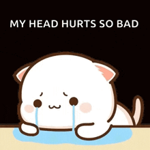 a cartoon cat is crying with tears coming out of its eyes and the words `` my head hurts so bad '' .