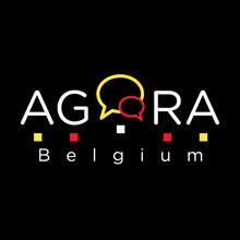 agora belgium logo on a black background with red yellow and white speech bubbles