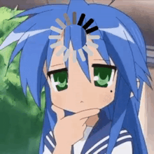 a cartoon girl with blue hair and green eyes is holding her hand to her chin while a loading circle is on her head .