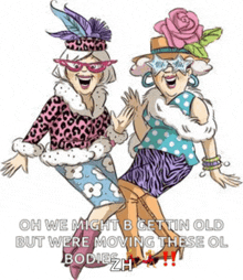 a cartoon of two older women with the caption oh we might b gettin old but were moving these ol bodies !!