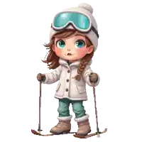a little girl wearing ski goggles and a white coat