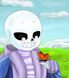 a cartoon of a skeleton holding a butterfly in his hand