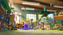 a toy story scene with a school bus and a hamburger