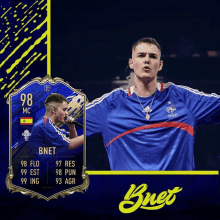 a card for bnet has a picture of a man in a blue jersey