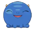 a cartoon drawing of a blue monster with horns and a smiling face .