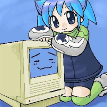 a pixel art drawing of a girl hugging a computer monitor with a face on it