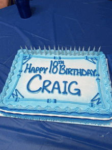 a blue and white birthday cake with the name craig on it