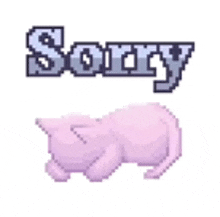 a pixel art of a pink cat with the words `` sorry '' written above it .