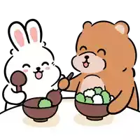 a cartoon of a bear and a rabbit eating food