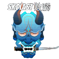 a blue mask with horns holding a sword and the words skolast above it