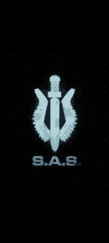 a s.a.s logo with a sword and wings on a black background