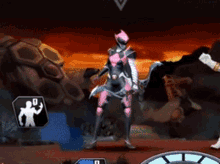 a video game shows a pink power ranger holding a bow and arrow