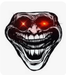 a troll face with red eyes and big teeth .