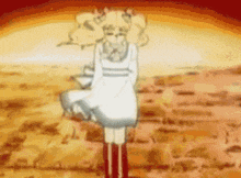 a girl in a white dress is standing in front of a large explosion