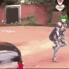 a girl with green hair is standing in front of a sign that says cidad