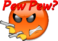 a smiley face with two guns and the words pew pew written above it