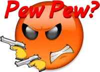 a smiley face with two guns and the words pew pew written above it