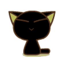 a black cat with yellow ears is sitting down with its eyes closed and smiling .