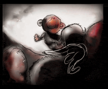 a black and white drawing of a monkey with the letter r on the bottom right