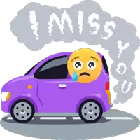 a purple car with a crying smiley face and the words " i miss you " coming out of it