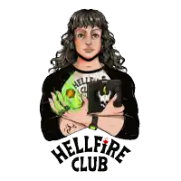 a woman holding a book with the words hellfire club written on it