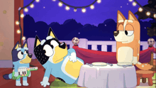 two cartoon dogs are sitting at a table and one is holding a keyboard