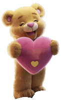 a teddy bear holding a pink heart with a yellow heart