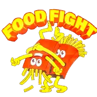 a cartoon illustration of two french fries holding a sign that says " food fight "