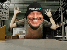 a man wearing a beanie that says multivers on it