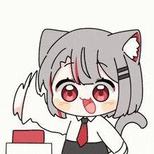 a cartoon girl with a cat ear and a red tie is standing next to a red box .